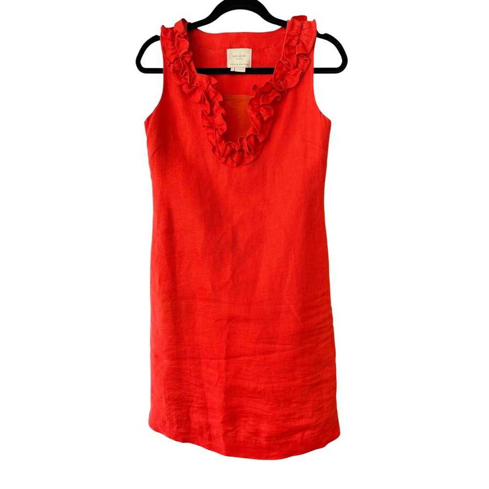 Kate Spade New York Red Linen Blend Ruffle V-Neck‎ Shift Dress XS Sleeveless